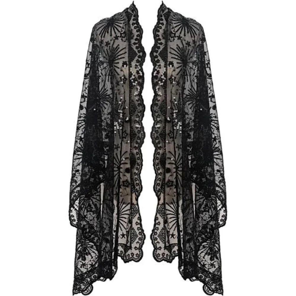 Boho Black Moon & Star‎ Sheer Mesh Sequin Embellished Shawl Wrap Scarf Formal
